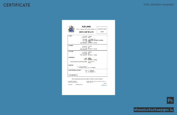 Isländische Geburtsurkunde – Beispielvorschau in Word und PDF